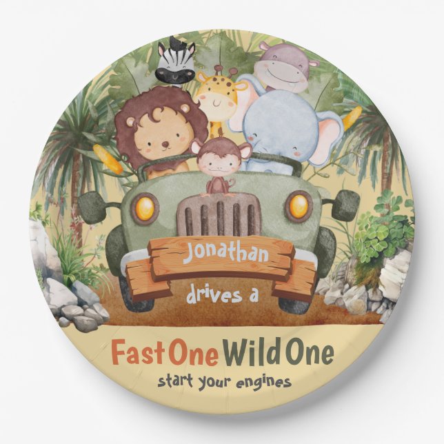 Fast One Wild One Safari Animals Car 1st Birthday Paper Plate (Front)