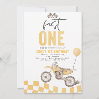 Fast One Yellow Dirt Bike Boy 1st Birthday Invitation