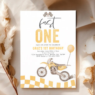 Fast One Yellow Dirt Bike Boy 1st Birthday Invitation