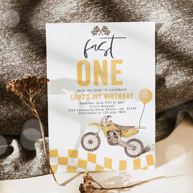 Fast One Yellow Dirt Bike Boy 1st Birthday Party  Invitation (Creator Uploaded)
