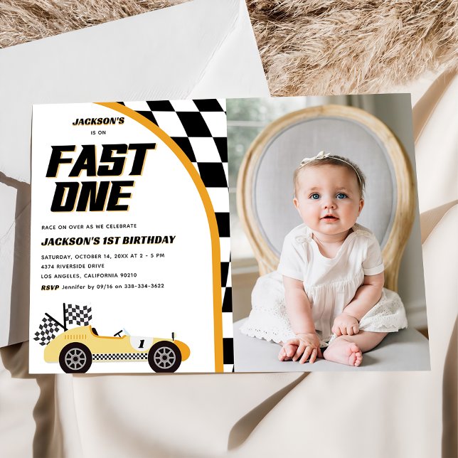 Fast One Yellow Race Car Birthday Party Invitation (Creator Uploaded)