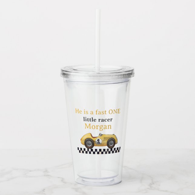 Fast One Yellow Race Car Kids First Birthday Party Acrylic Tumbler (Front)