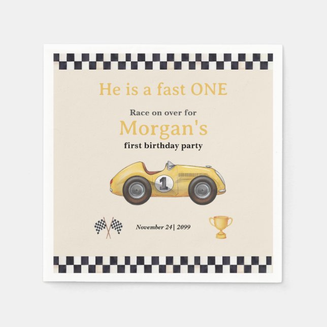 Fast One Yellow Race Car Kids First Birthday Party Napkin (Front)