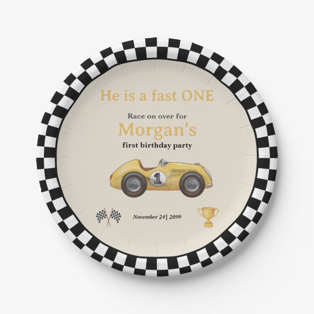 Fast One Yellow Race Car Kids First Birthday Party Paper Plate (Front)