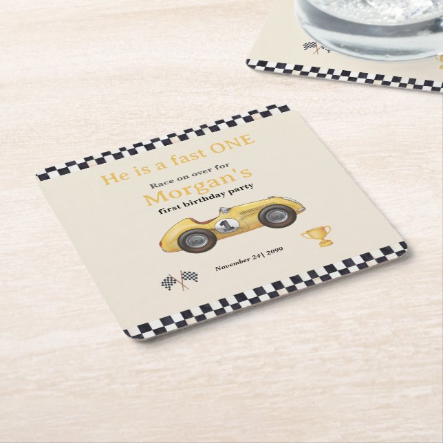 Fast One Yellow Race Car Kids First Birthday Party Square Paper Coaster (Angled)