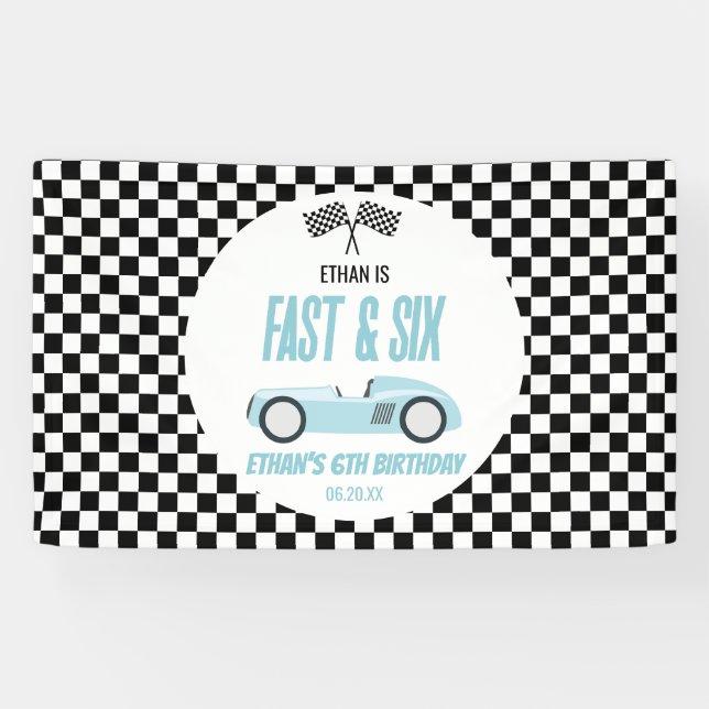 Fast & Six Blue Race Car 6th Birthday Party Banner (Horizontal)