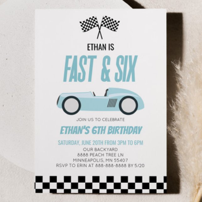 Fast & Six Blue Race Car 6th Birthday Party Invitation (Creator Uploaded)
