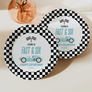 Fast & Six Blue Race Car 6th Birthday Party Paper Plate