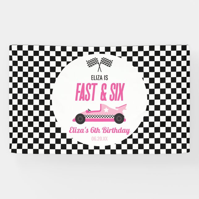 Fast & Six Pink Race Car 6th Birthday Party Banner (Horizontal)