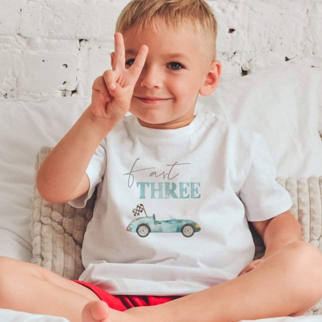 Fast THREE Blue Race Car Birthday T-shirt (Creator Uploaded)