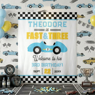 Fast & Three Race Car 3rd Birthday Party Backdrop Tapestry