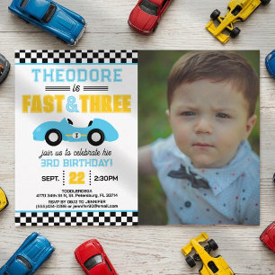 Fast & Three Race Car 3rd Birthday Photo Invitation