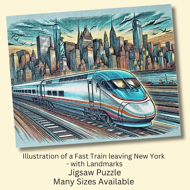 Fast Train Leaving New Yok + Landmarks Drawing Jigsaw Puzzle (Creator Uploaded)