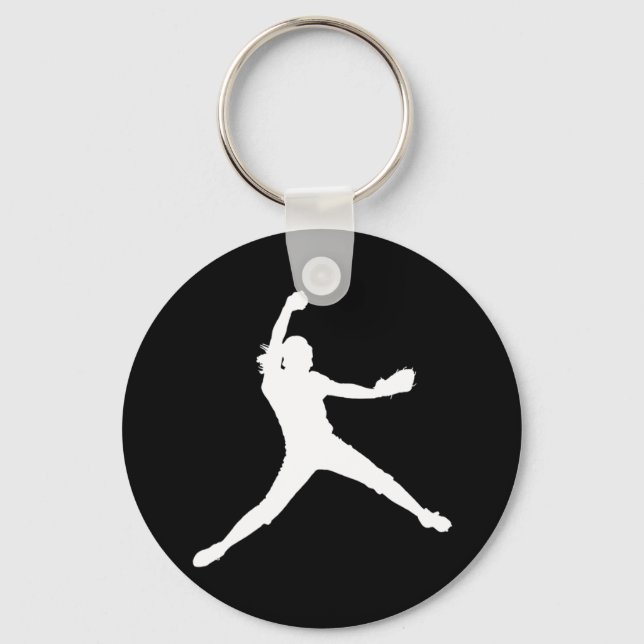 Fastpitch Silhouette Keychain White on Black (Front)