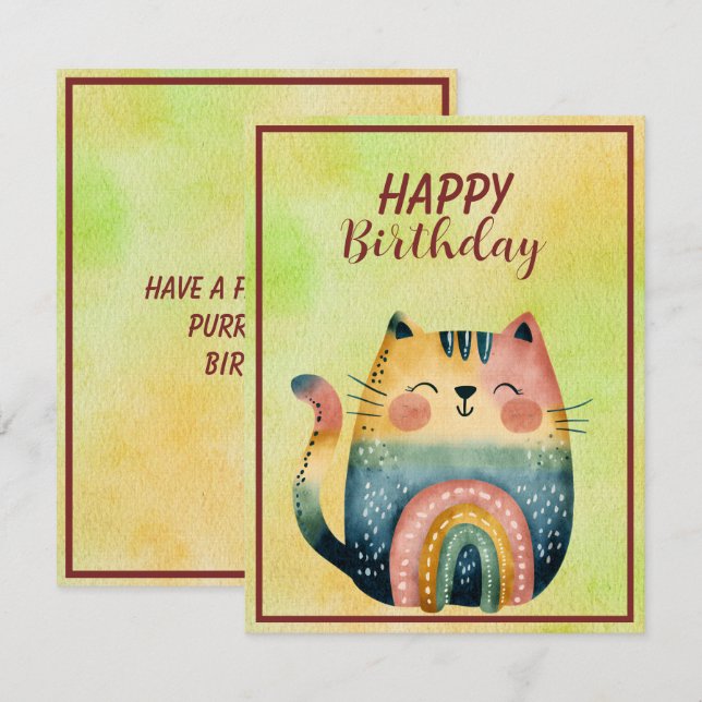 Fat Abstract Cat Happy Birthday Flat Note Card (Front/Back)
