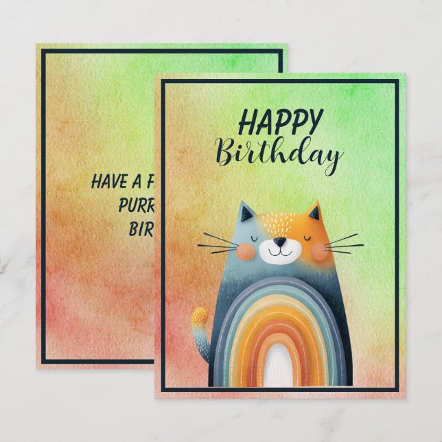 Fat Abstract Cat Happy Birthday Flat Note Card (Front/Back)