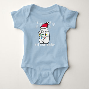 Fat Bear Winter, White Bear Santa Hat,Xmas Lights Baby Bodysuit