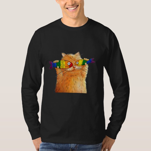 Fat Cat Catching Fish Fishy Eyes Pet Lgbt Fish Lov T-Shirt (Front)