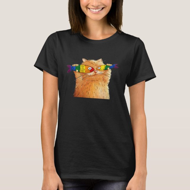 Fat Cat Catching Fish Fishy Eyes Pet LGBT Fish Lov T-Shirt (Front)