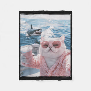 Fat Cat On A Yacht Boat With Shark Cool Funny Cat Fleece Blanket