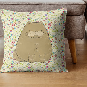 Fat Cat on Cottagecore Folk Art Flowers Cushion