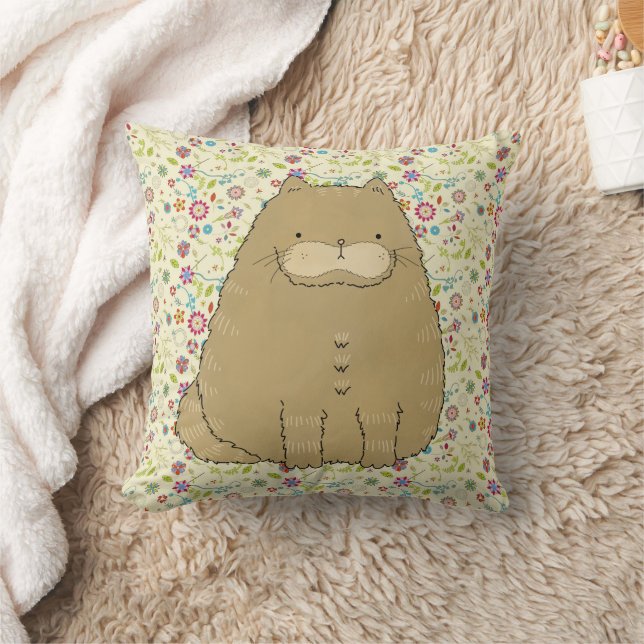Fat Cat on Folk Art Flowers Cushion (Blanket)