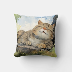 Fat Cat Relaxing On Tree Trunk Animal Fun Happy Cushion