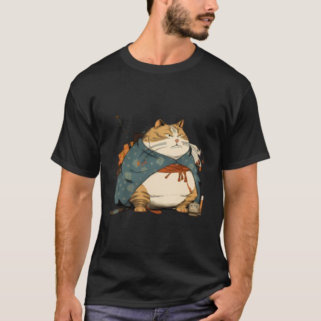 Fat Cat Samurai Japanese Ukiyo E Style T-Shirt (Front)