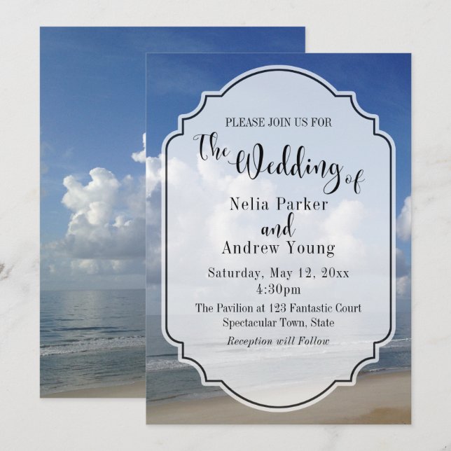 Fat Clouds Over Beach Photo w/ Badge Wedding 2 Invitation (Front/Back)