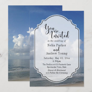 Fat Clouds Over Beach Photo w/ Badge Wedding 3 Invitation