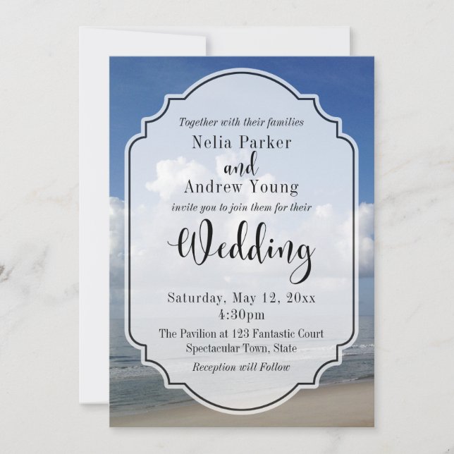Fat Clouds Over Beach Photo w/ Badge Wedding Invitation (Front)