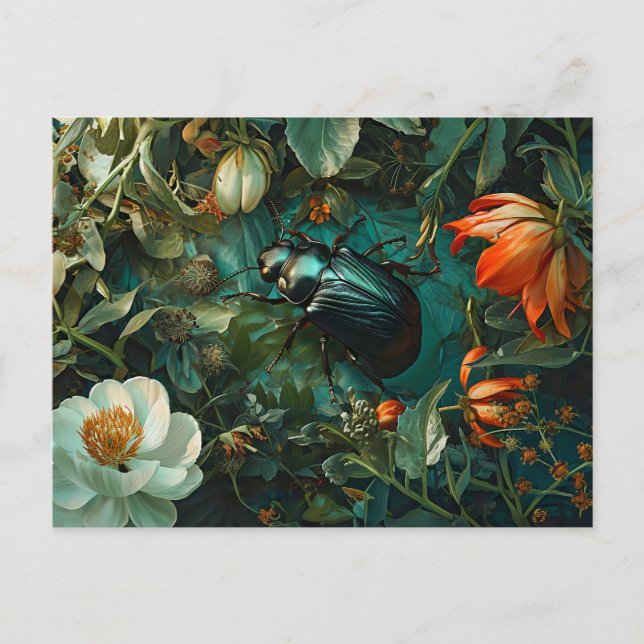 Fat Dung Beetle Between Dahlia Blooms Illustration Postcard (Front)
