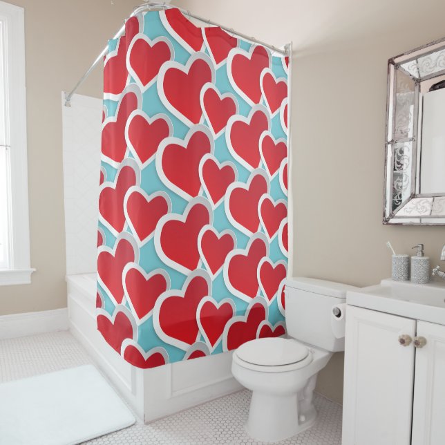Fat Red Hearts Repeating Pattern Cute Shower Curtain (In Situ)