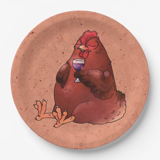 Fat Red Hen with Wine Paper Plate (Front)