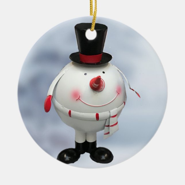 Fat Round Funny Tin Snowman Ceramic Tree Decoration (Front)