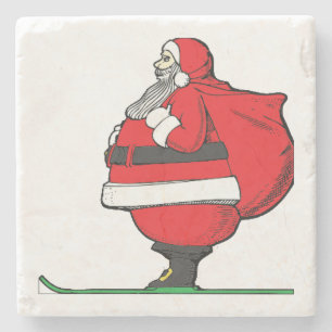 Fat Skiing Santa Claus Christmas Stone Coaster