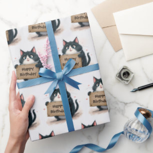Fat Tuxedo Cartoon Cat With Birthday Sign Wrapping Paper