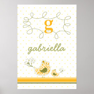 fatfatin Yellow Swirly Mum & Baby Bird Kids Wall A Poster