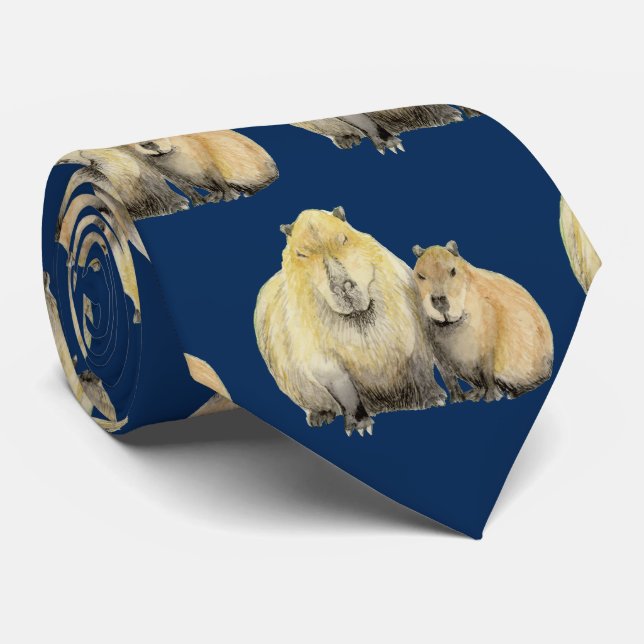 Father and Baby Capybara Neck Tie (Rolled)