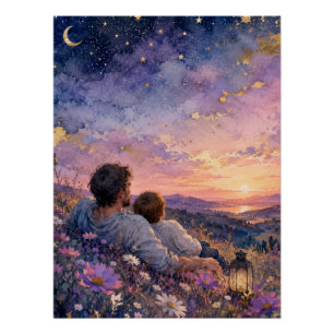 Father and Child Stargazing Watercolor Art Print