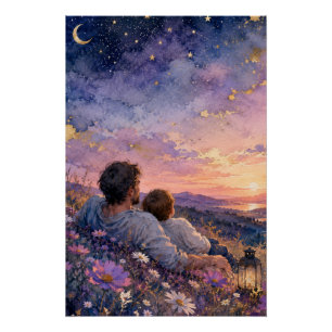 Father and Child Stargazing Watercolor Art Print