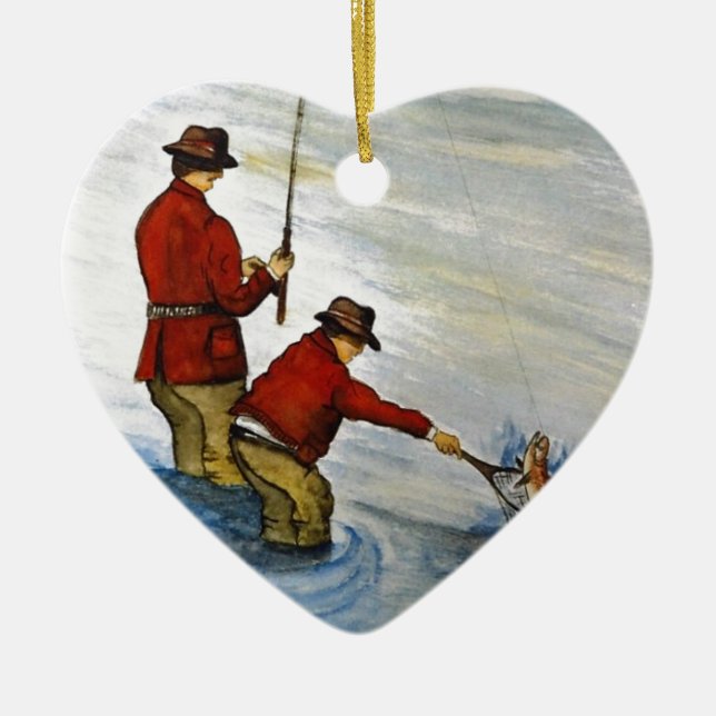 Father and son fishing trip ceramic tree decoration (Front)