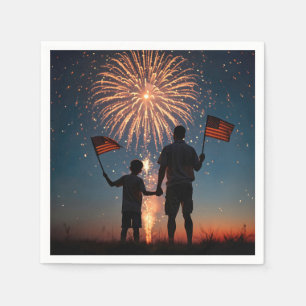 Father and Son Holding American Flags Napkin