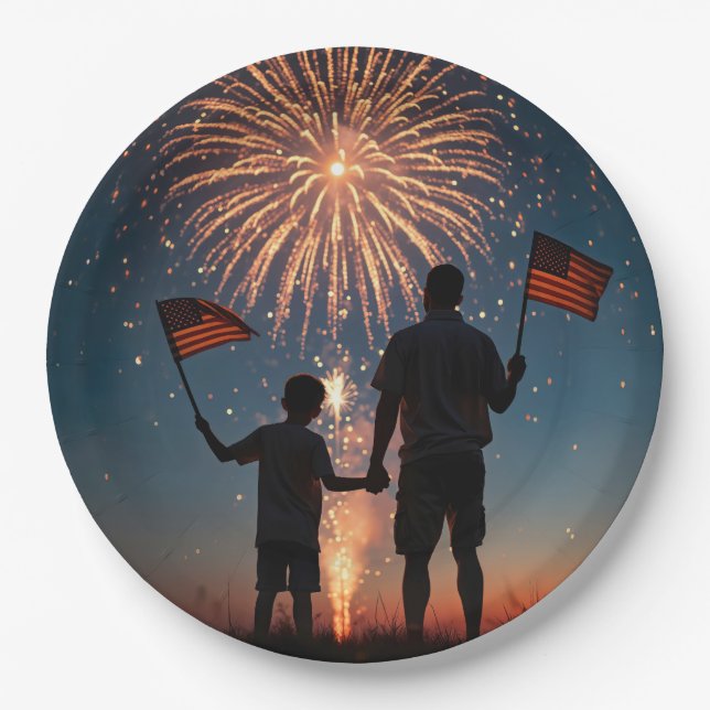 Father and Son Holding American Flags Paper Plate (Front)