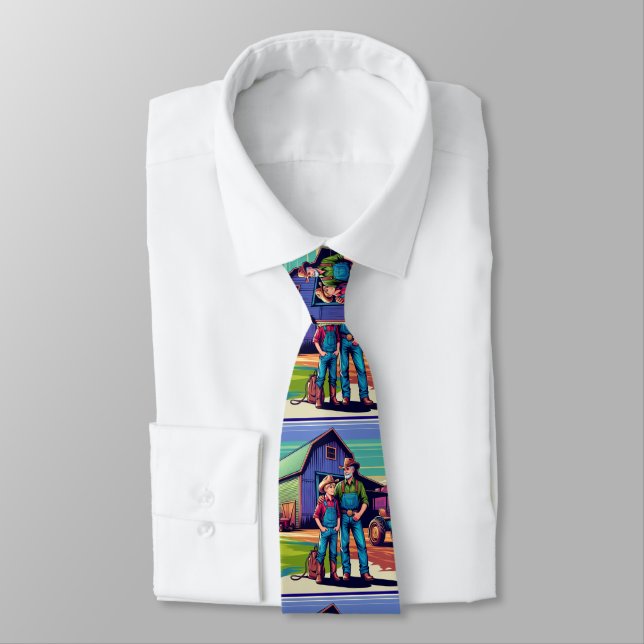 Father And Son On The Farm Barn and Tractor Tie (Tied)