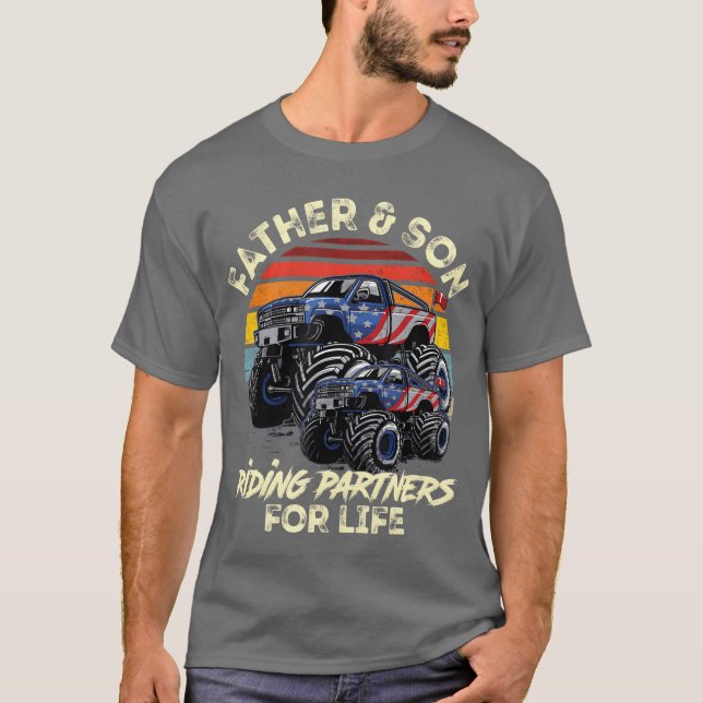 Father and Son Riding Monsterruck For Life Raci fr T-Shirt (Front)