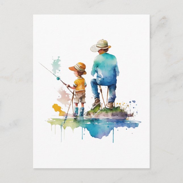 Father and Son Watercolor Illustration Ai Art Postcard (Front)