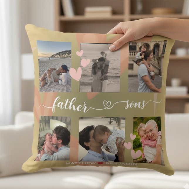Father and Sons Elegant Script Multi Photo Sage  Cushion (Creator Uploaded)