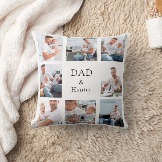 Father baby child photo collage name white cushion (Blanket)
