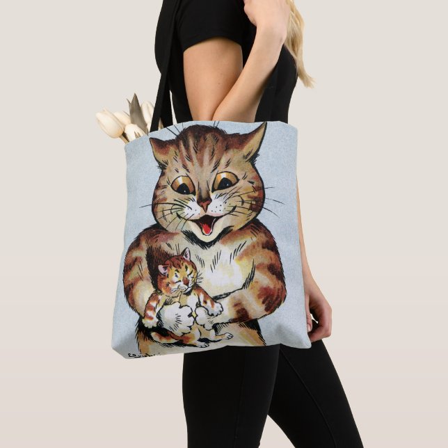 Father Cat Holding a Kitten, Louis Wain Tote Bag (Close Up)